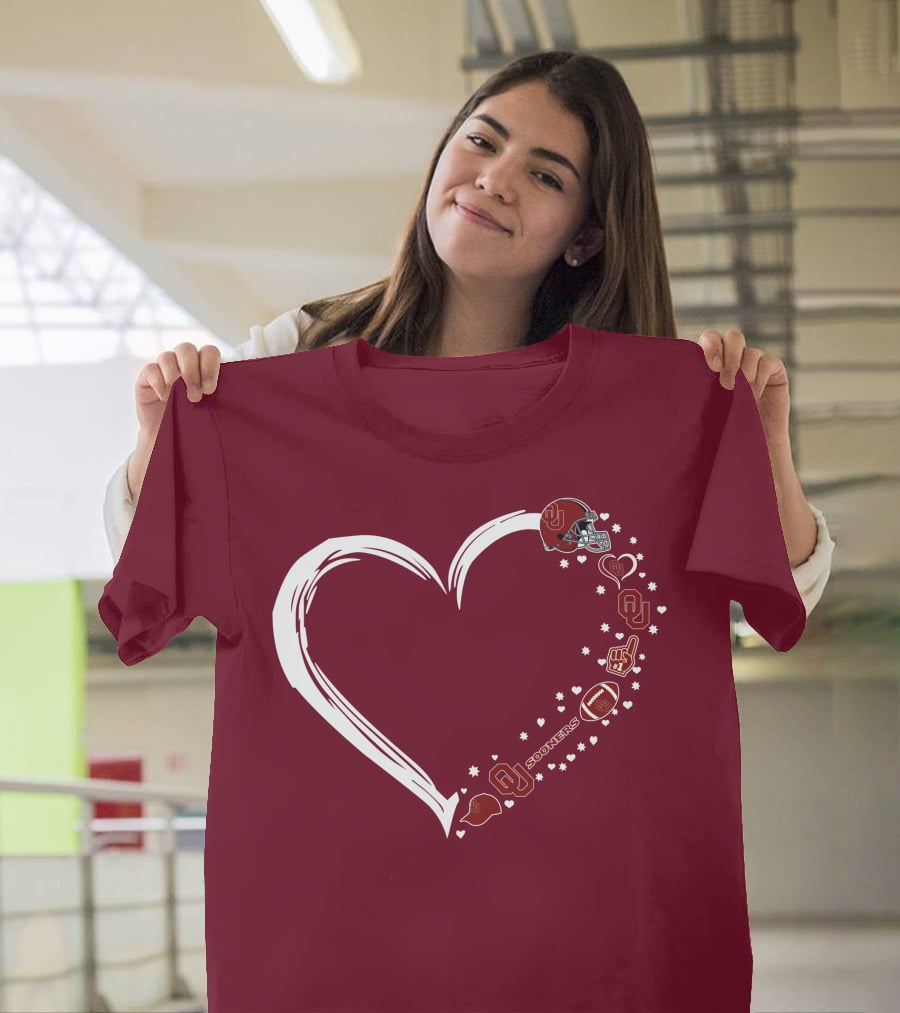 Oklahoma Sooners Heart Design With Helmets And Footballs T-Shirt