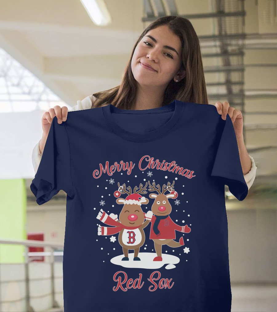 Merry Christmas Red Sox Reindeer With Snowflakes And Baseball Gear T-Shirt