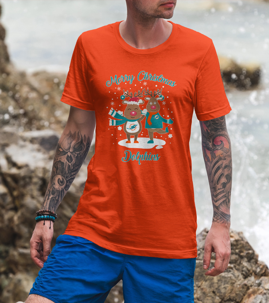 Merry Christmas Dolphins Reindeer Snowflakes T-Shirt