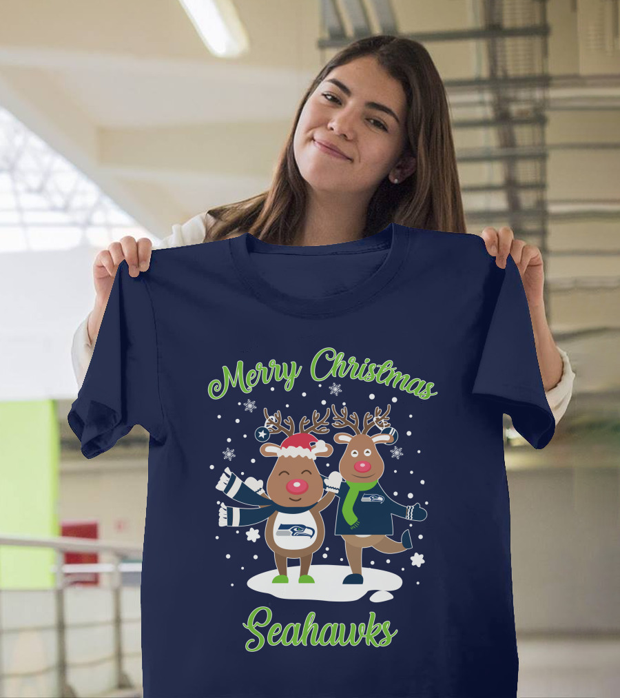 Merry Christmas Seattle Seahawks Reindeer Sweater Festive T-Shirt
