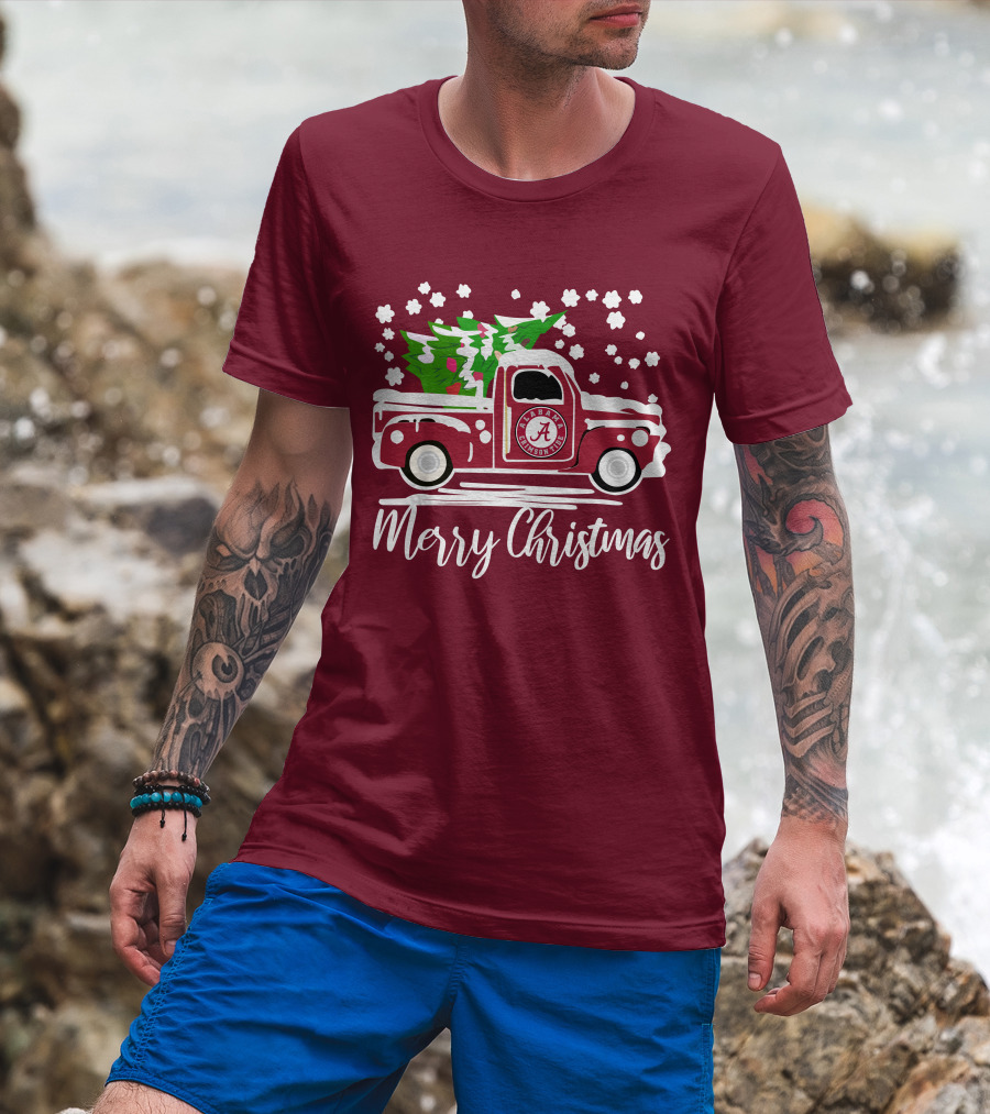 Merry Christmas Alabama Crimson Tide Vintage Truck Snowy Tree T-Shirt