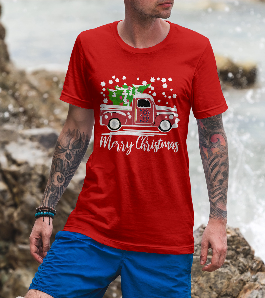 Boston Red Sox B Vintage Car Merry Christmas Tree Snowflakes T-Shirt