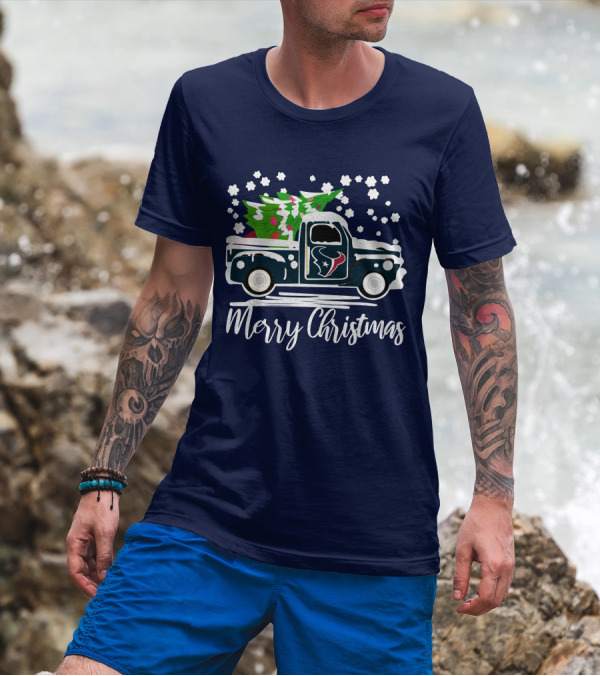 Houston Texans Merry Christmas Vintage Car With Christmas Tree T-Shirt