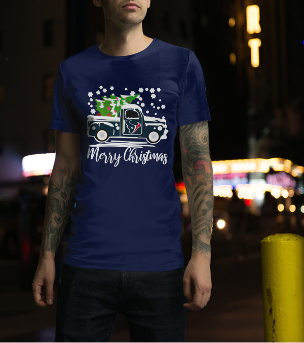 Houston Texans Merry Christmas Vintage Car With Christmas Tree T-Shirt