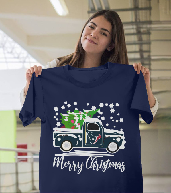 Houston Texans Merry Christmas Vintage Car With Christmas Tree T-Shirt