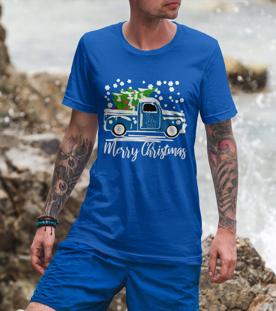 Los Angeles Dodgers LA Vintage Car Merry Christmas Snowflakes Tree T-Shirt