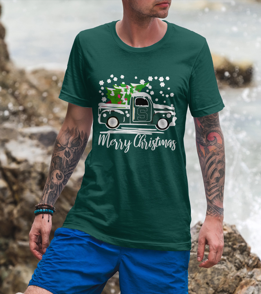 Merry Christmas Michigan State Spartans Vintage Car With Christmas Tree T-Shirt