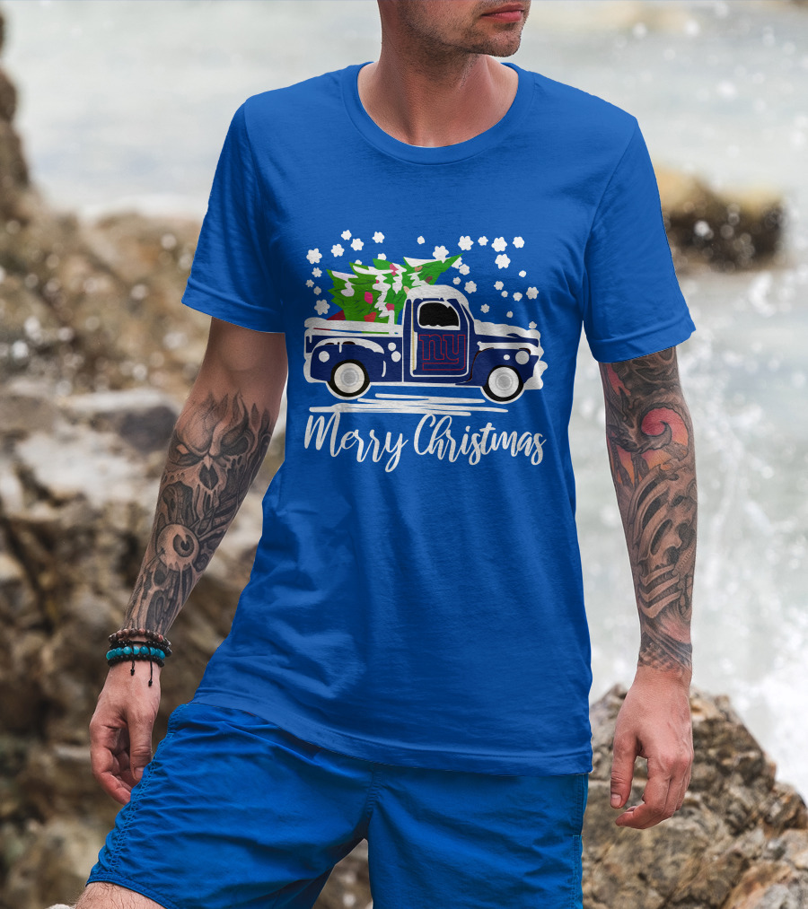 Merry Christmas New York Giants Vintage Car Snowflakes Holiday T-Shirt