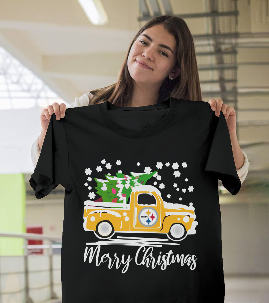 Pittsburgh Steelers Merry Christmas Vintage Car with Christmas Tree T-Shirt