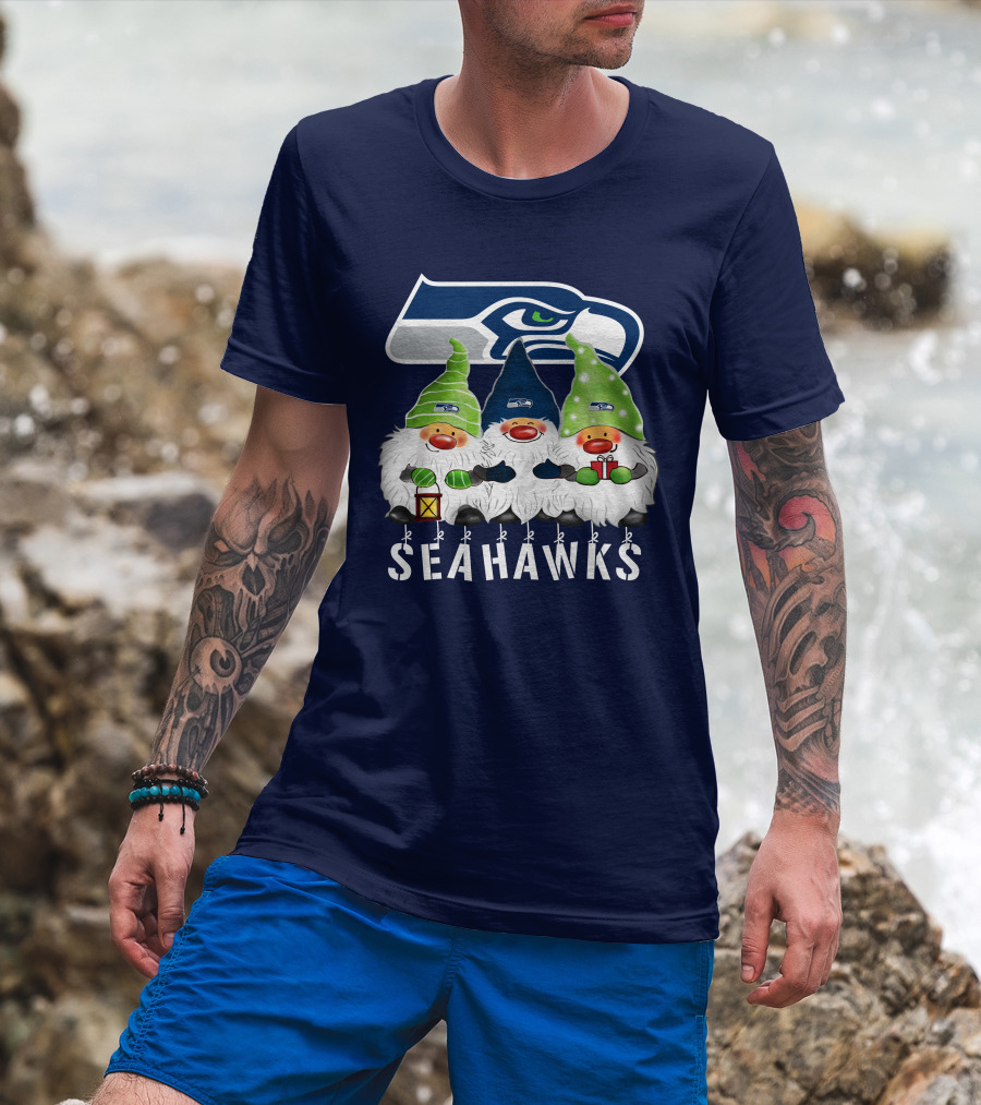 Seattle Seahawks Merry Christmas Happy Holidays Gnomes T-Shirt
