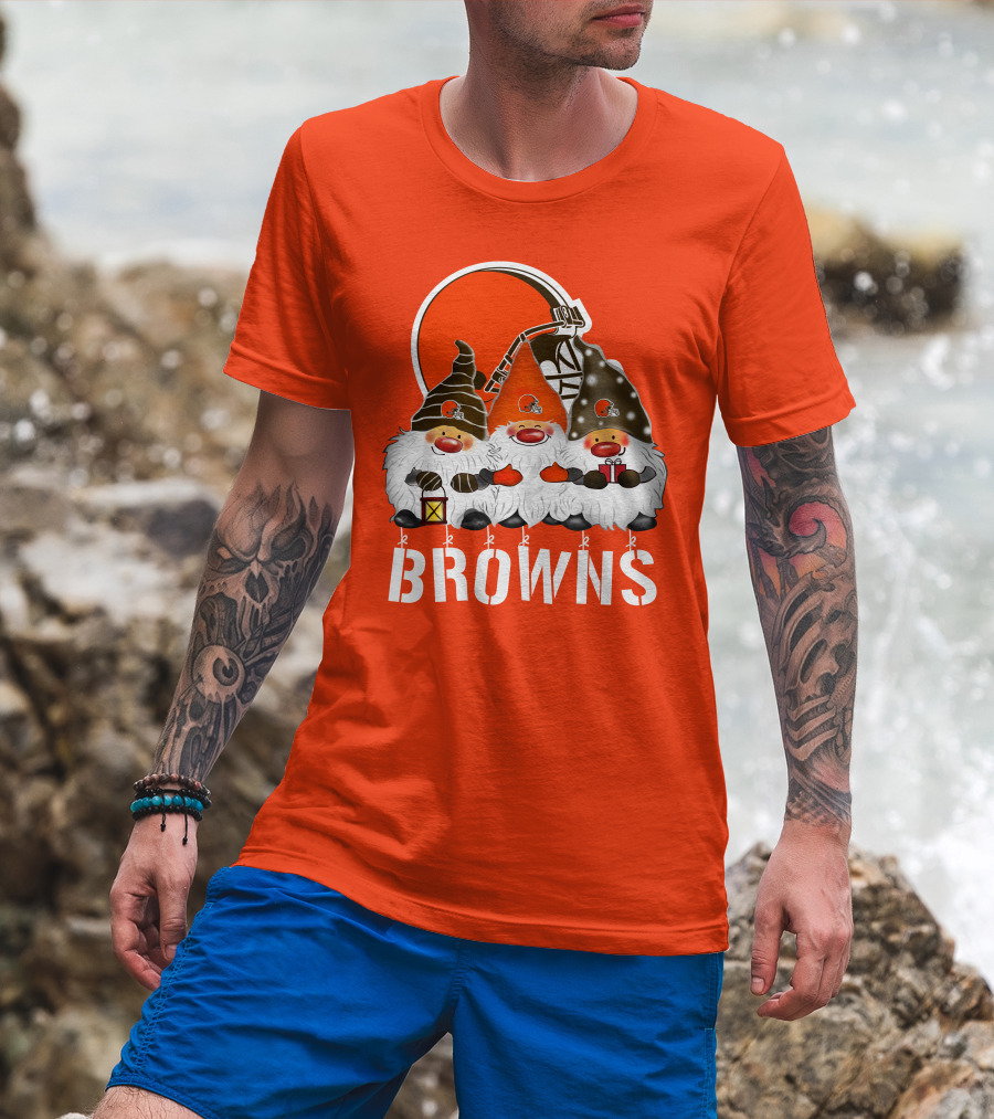 Cleveland Browns Merry Christmas Happy Holidays With Gnome Trio And Football Helmets T-Shirt