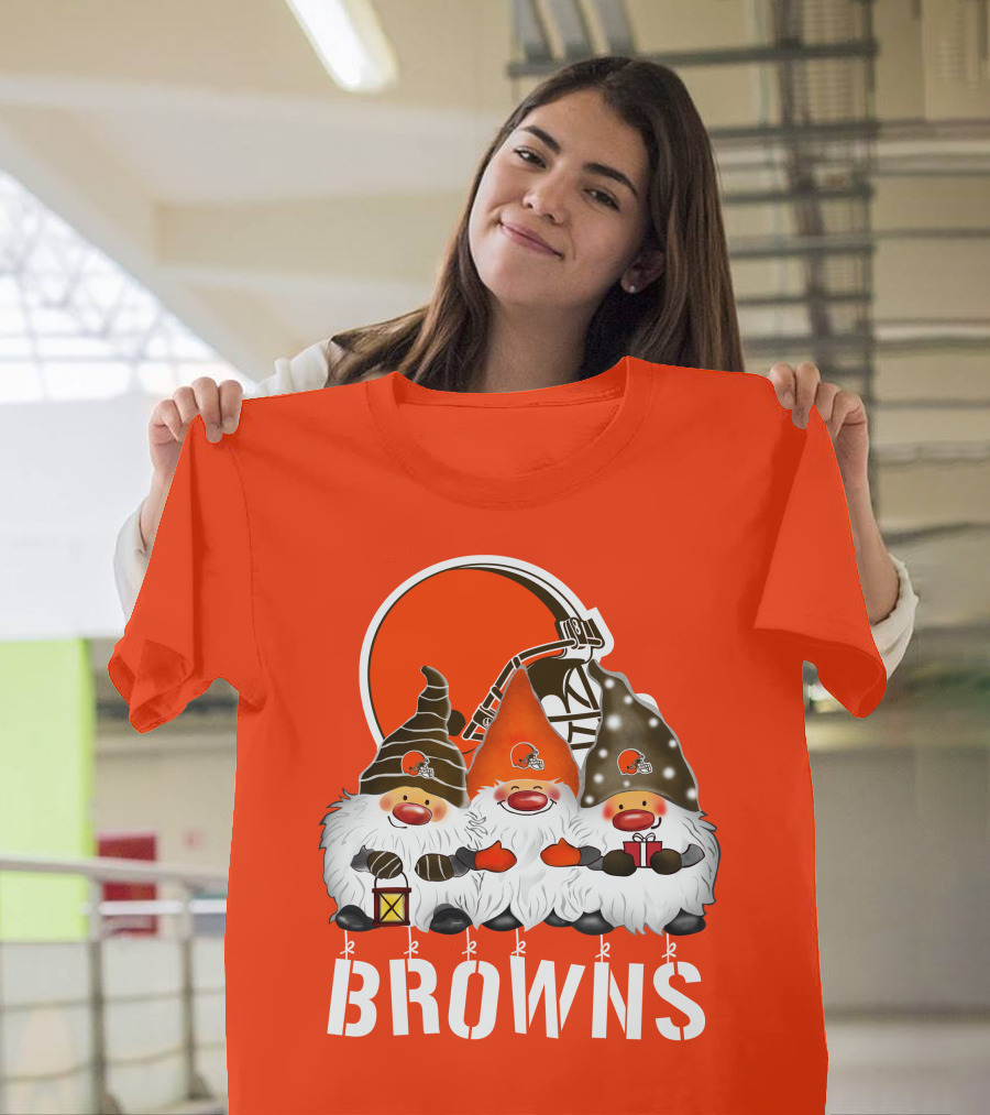 Cleveland Browns Merry Christmas Happy Holidays With Gnome Trio And Football Helmets T-Shirt