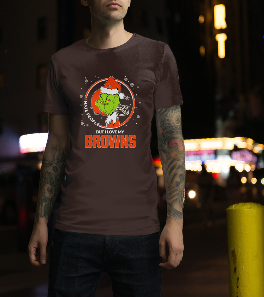 I Hate People But I Love My Cleveland Browns Grinch Santa Christmas T-Shirt