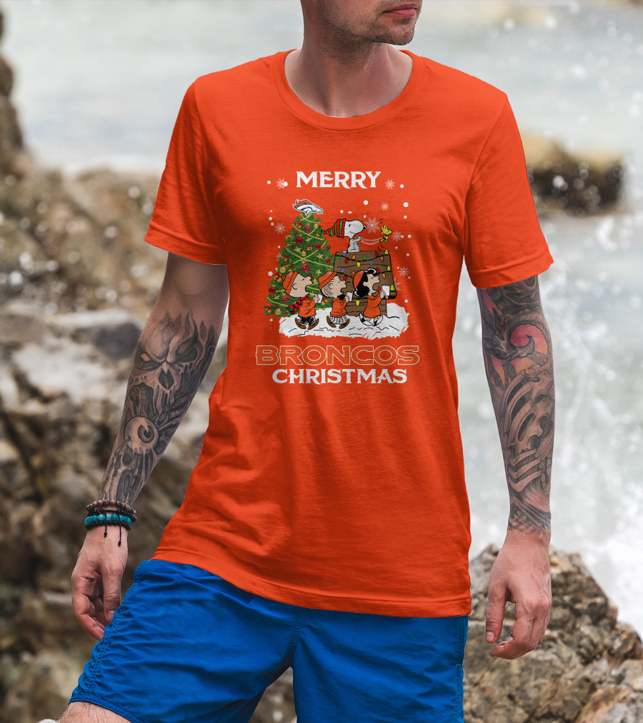 Merry Broncos Christmas Peanuts Tree Theme T-Shirt