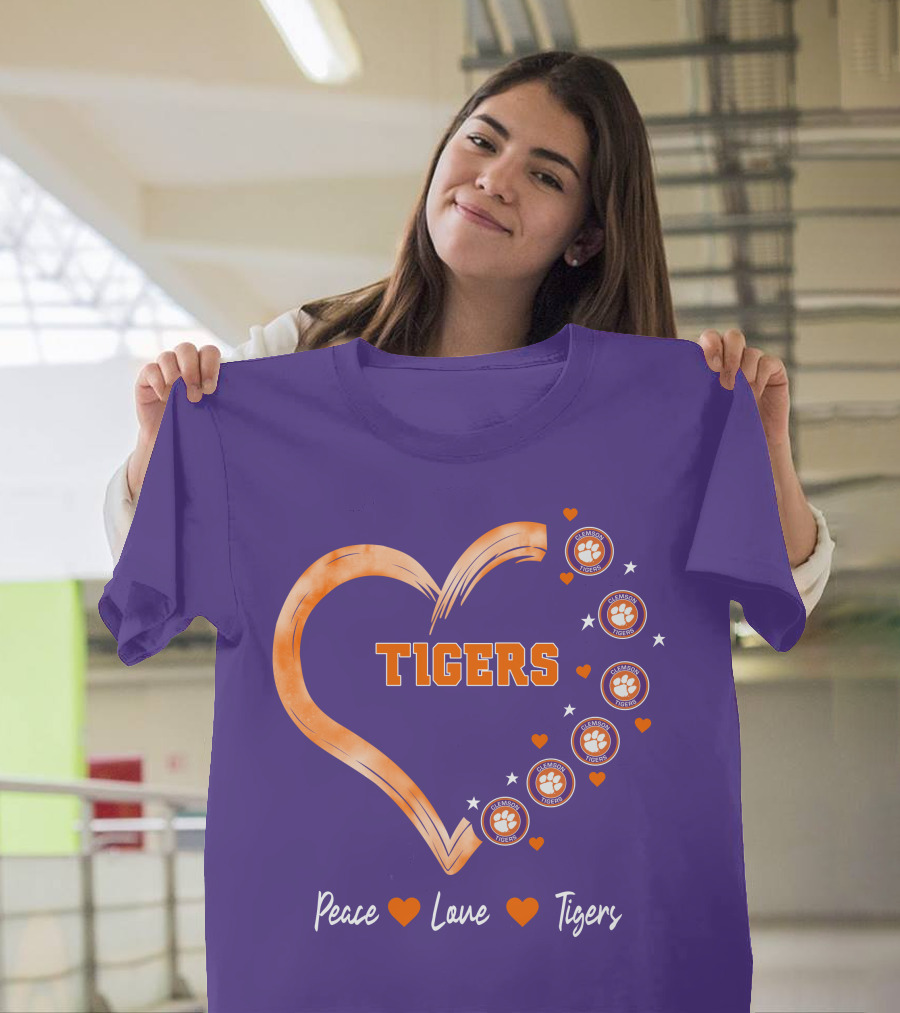 Peace Love Clemson Football Tigers Heart Paw Prints T-Shirt