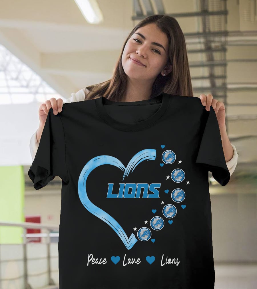 Peace Love Detroit Lions Retro Heart Fan Emblem T-Shirt