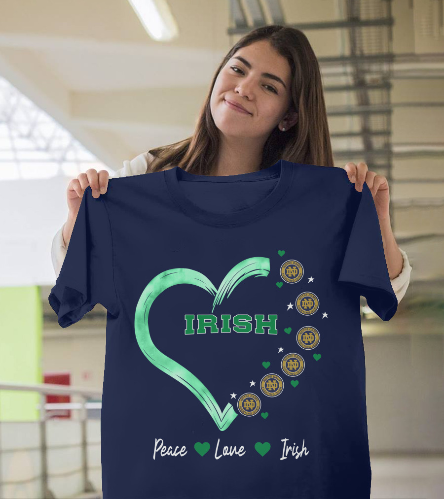 Peace Love Irish Notre Dame Fighting Irish Logos And Heart T-Shirt