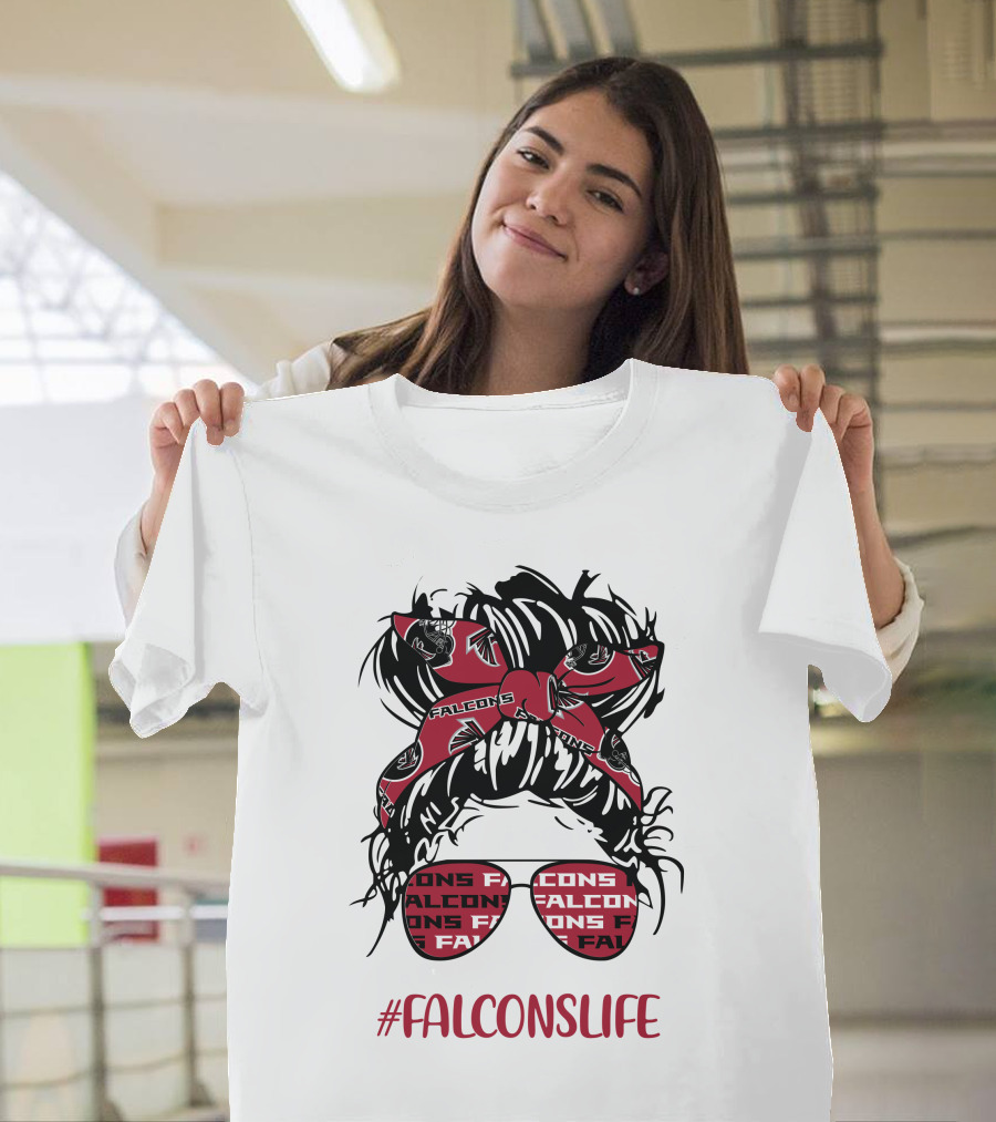 Atlanta Falcons Life Messy Bun Girl With Falcon Headband Glasses T-Shirt