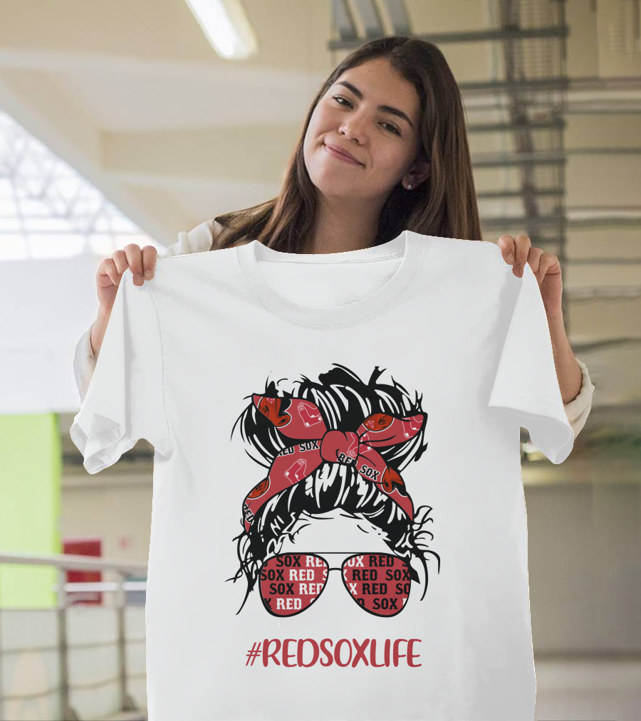 Boston Red Sox Messy Bun Girl With Headband Glasses #Redsoxlife T-Shirt