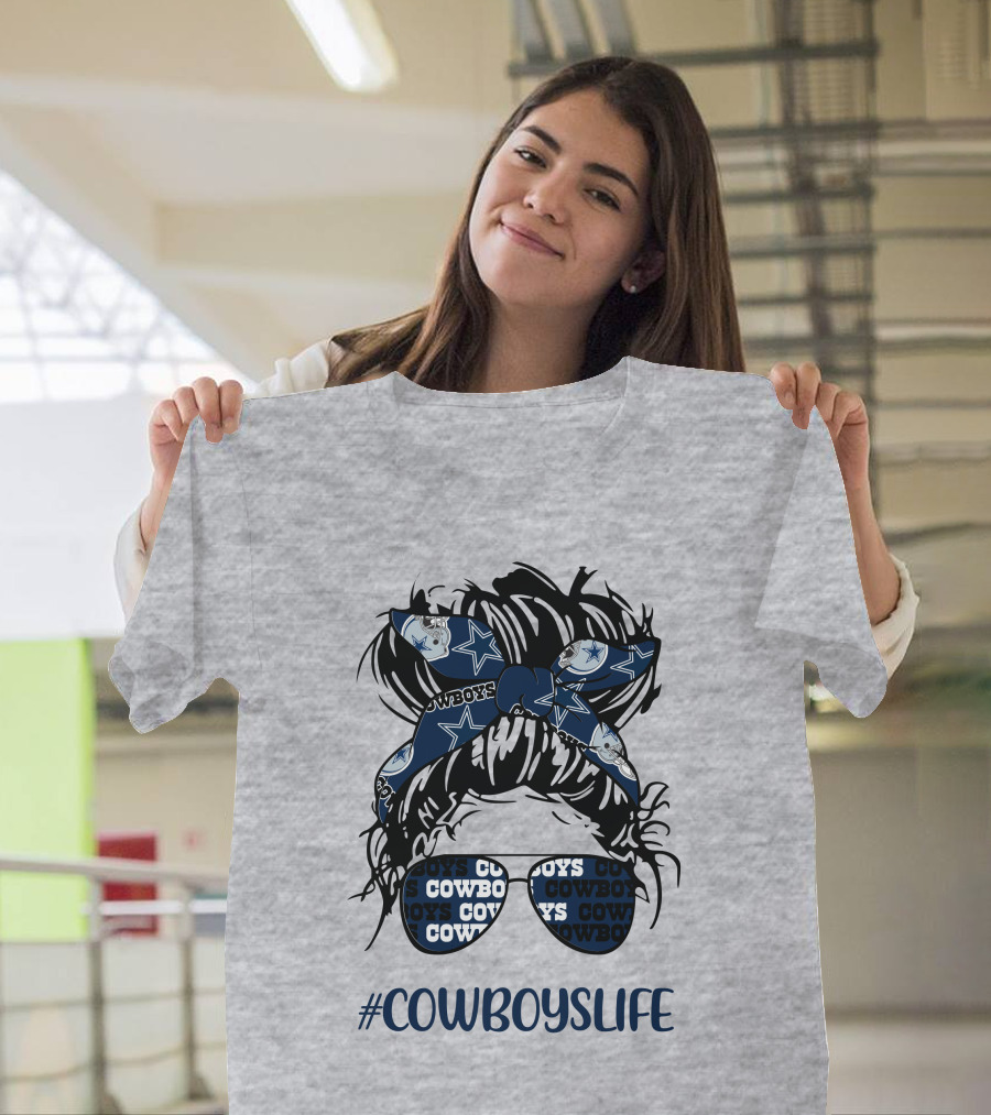 CowboysLife Messy Bun Girl Headband Glasses Dallas Cowboys T-Shirt