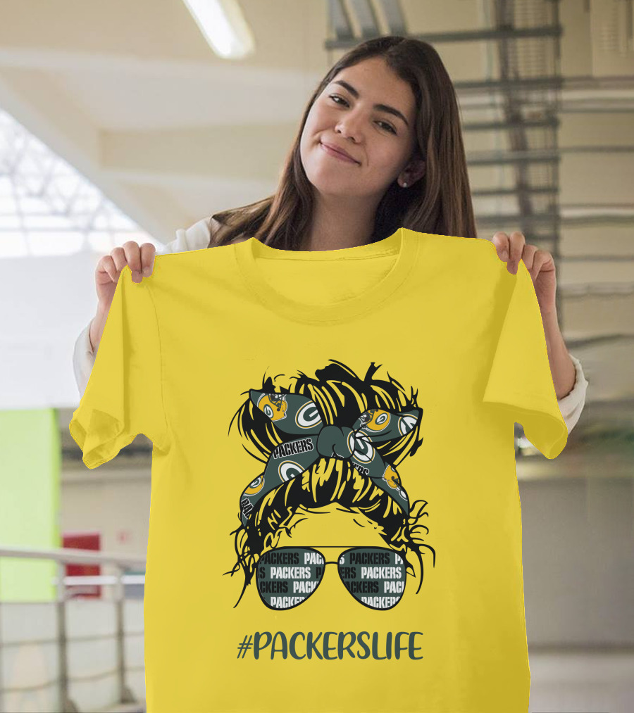 PACKERSLIFE Messy Bun Girl With Packers Headband And Glasses T-Shirt