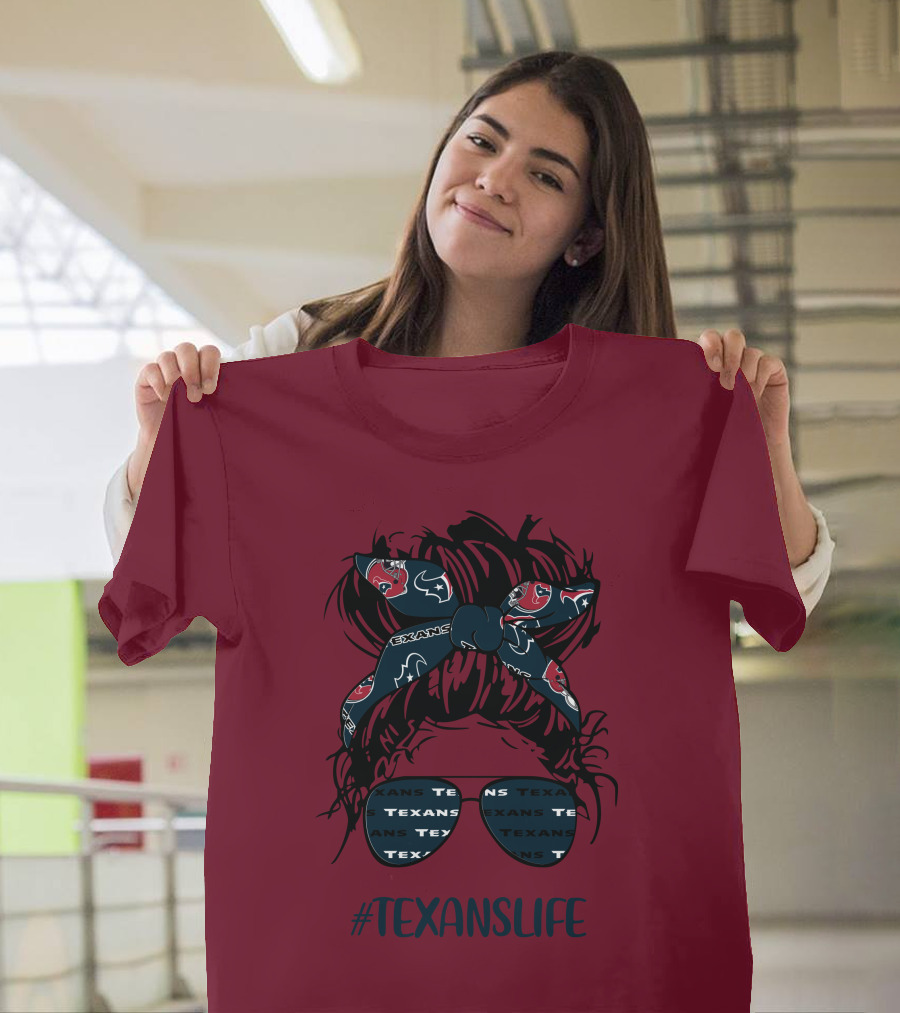 Houston Texans Hashtag Texanslife Messy Bun Headband Glasses T-Shirt