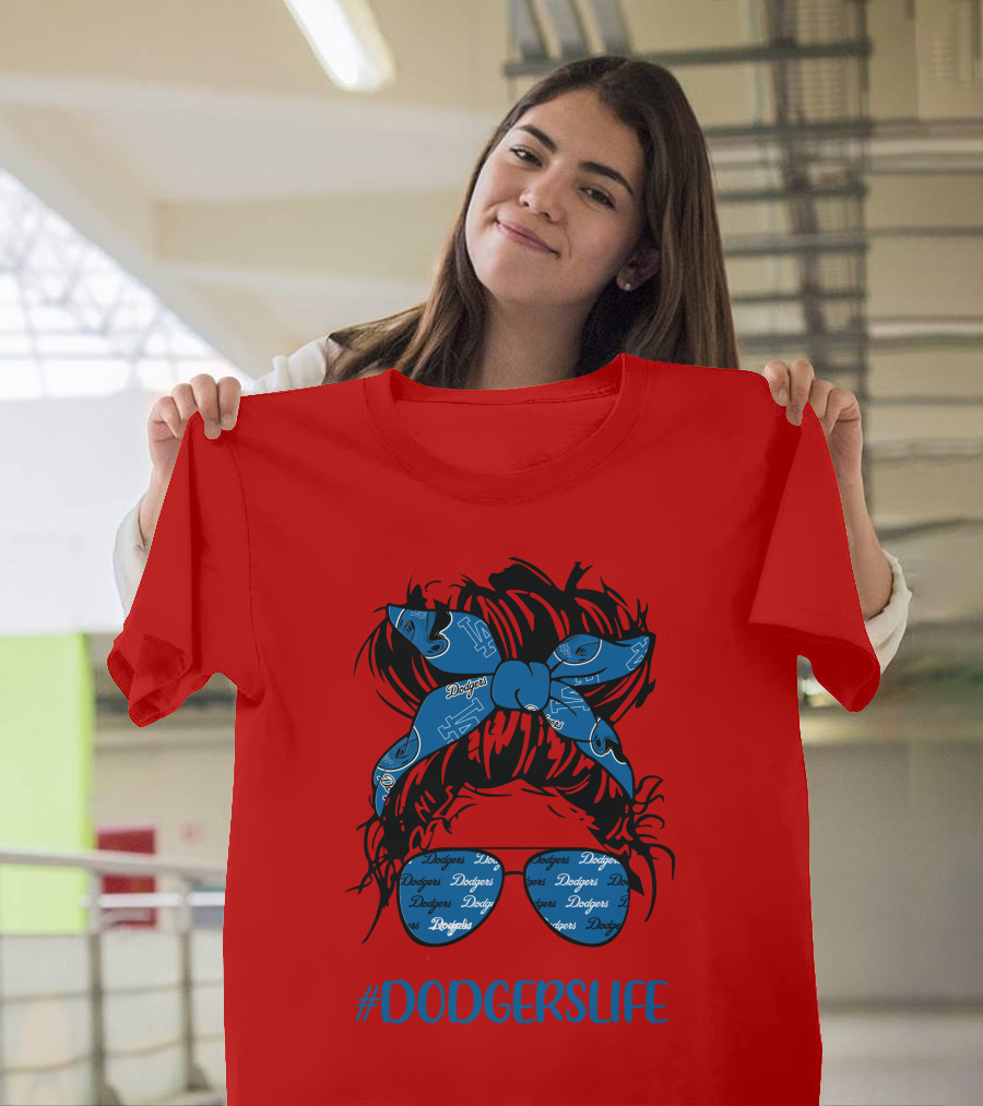 DODGERSLIFE Messy Bun Girl With Dodgers Headband And Glasses T-Shirt