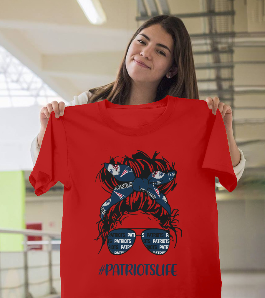 PATRIOTSLIFE New England Patriots Messy Bun Girl Headband Glasses T-Shirt