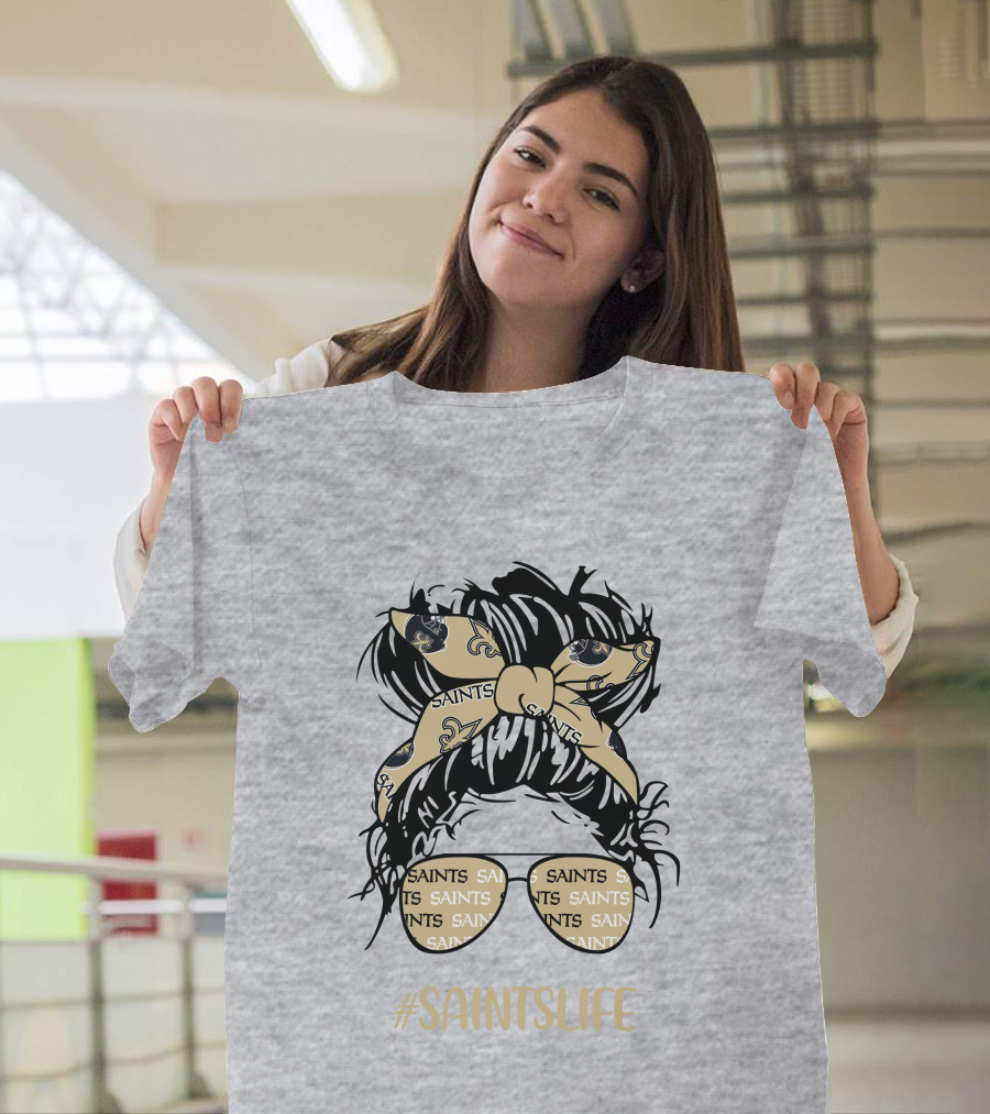 Messy Bun Girl With Saints Headband And Glasses #Saintslife T-Shirt