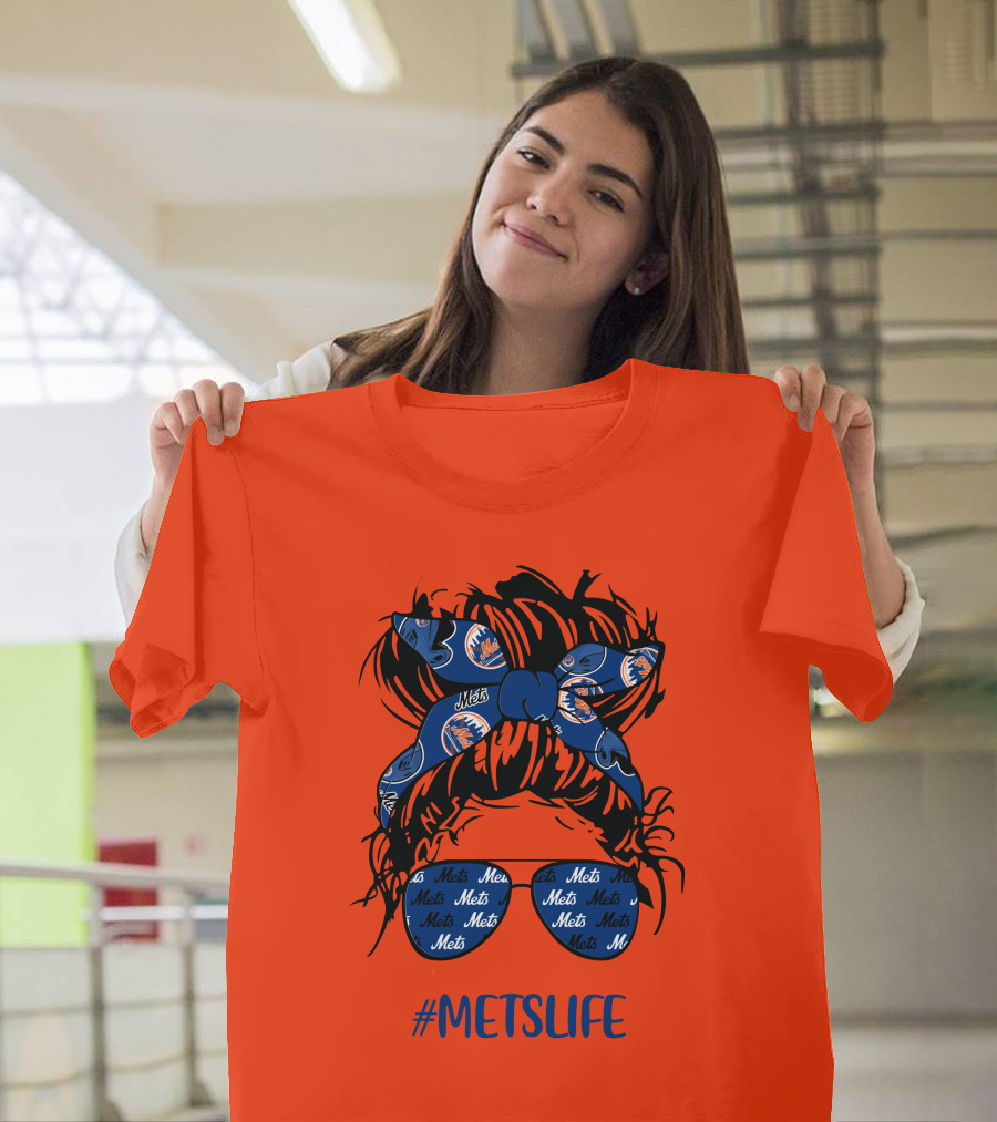 New York Mets Life Messy Bun Girl Headband Glasses #MetsLife T-Shirt