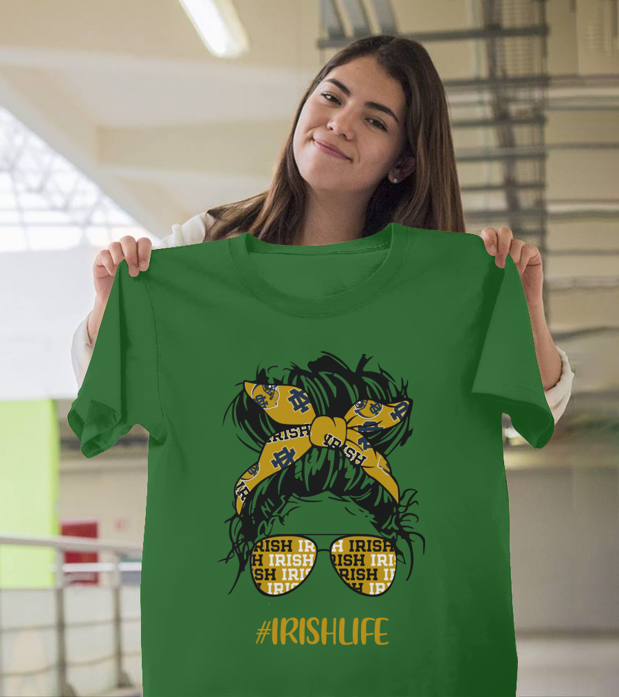 Notre Dame Fighting Irish Life Messy Bun Girl Headband Glasses #IrishLife T-Shirt