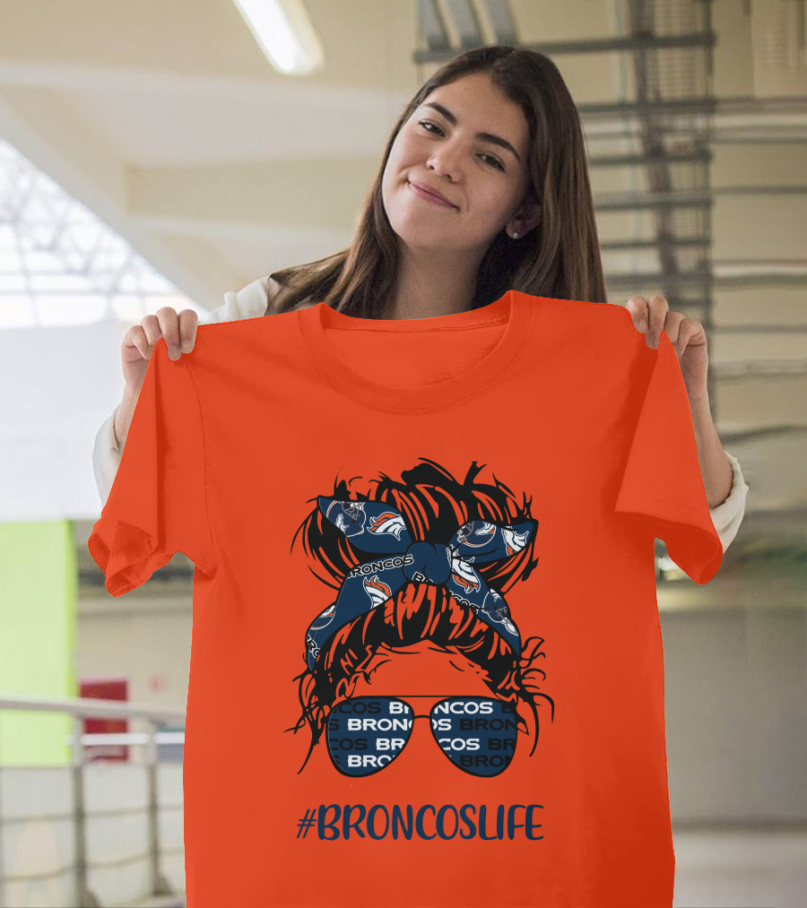 BroncosLife Messy Bun Girl With Broncos Headband And Glasses T-Shirt
