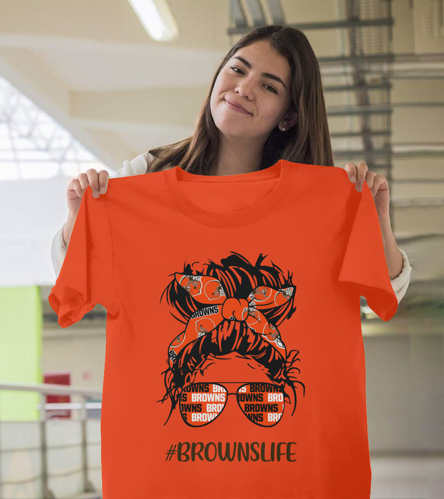 BROWNSLIFE Messy Bun Girl With Cleveland Browns Headband And Glasses T-Shirt