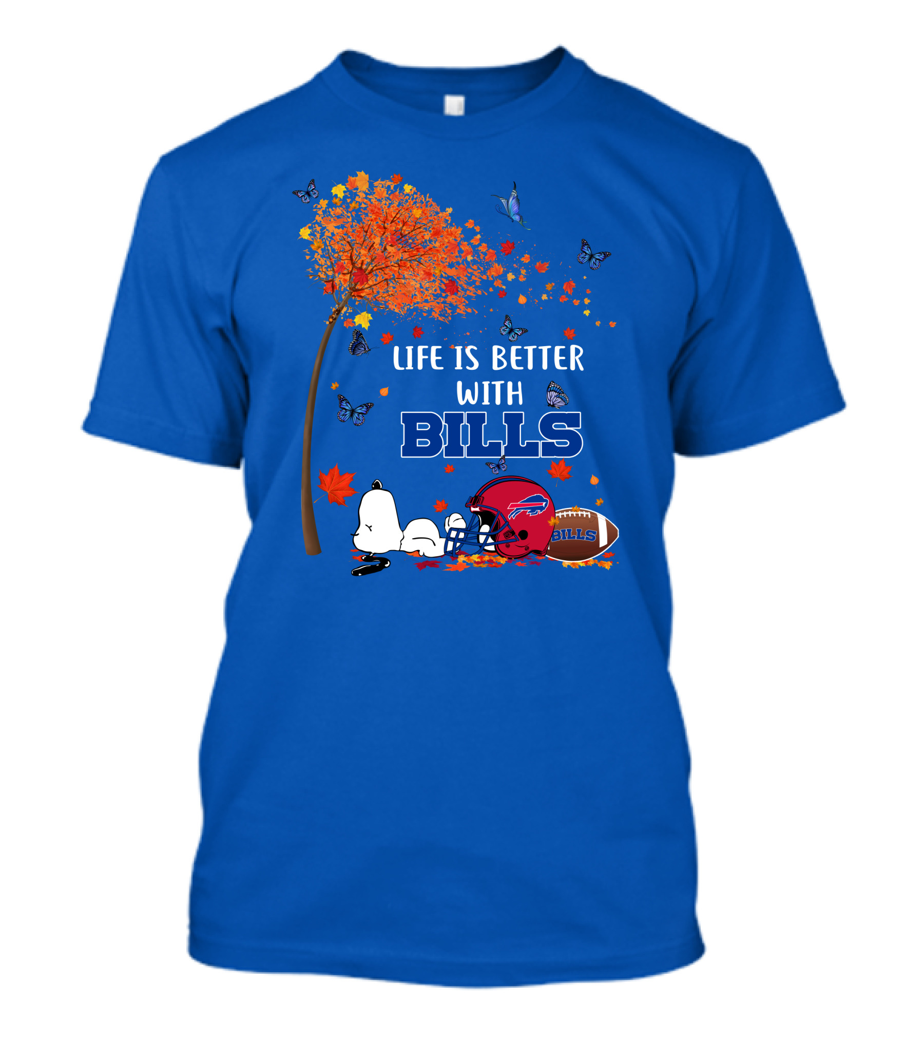 Life Is Better With Bills Buffalo Helmet And Football Under Autumn Tree With Snoopy And Butterflies T-Shirt