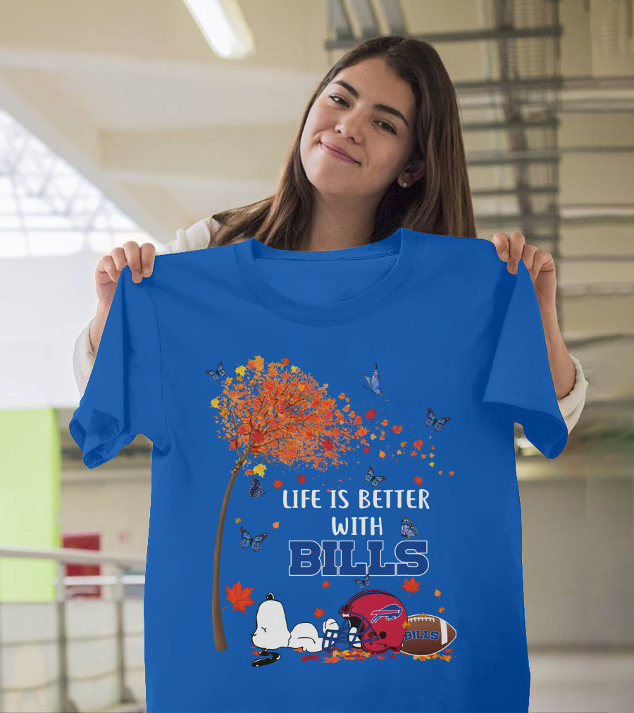 Life Is Better With Bills Buffalo Helmet And Football Under Autumn Tree With Snoopy And Butterflies T-Shirt