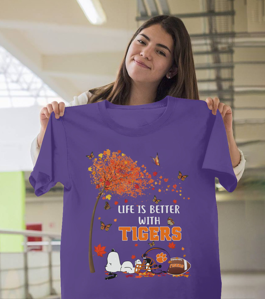 Life Is Better With Tigers Autumn Tree Snoopy Football Helmet Butterflies T-Shirt
