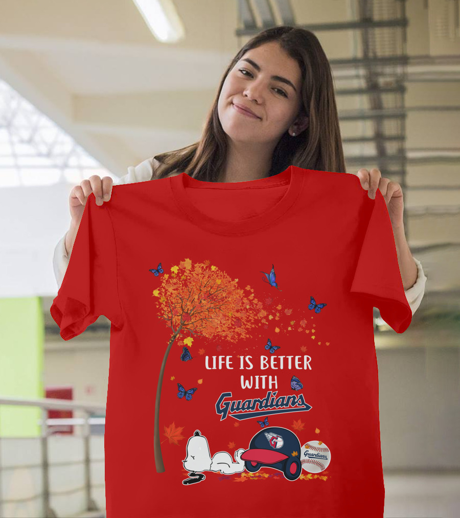 Life Is Better With Guardians Cleveland Guardians Baseball Autumn Tree Snoopy And Butterflies T-Shirt