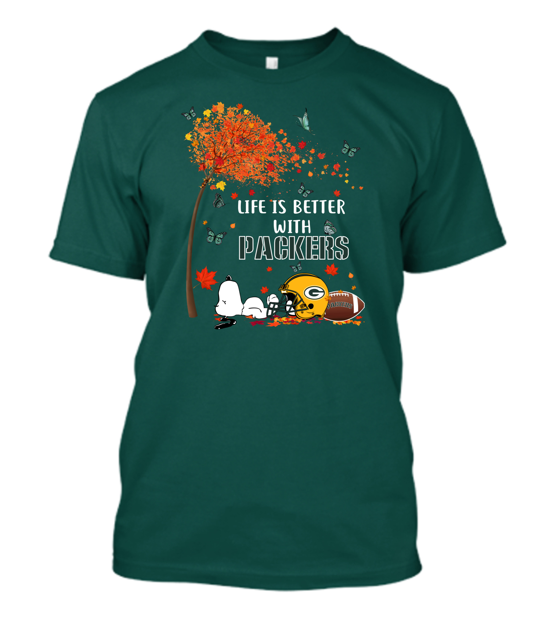 Life Is Better With Packers Green Bay Football Autumn Snoopy Leaves T-Shirt