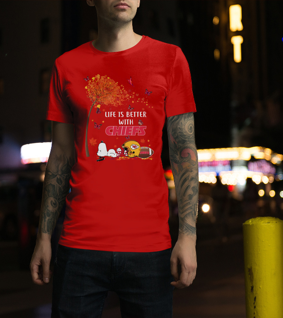 Life Is Better With Chiefs Fall Football Theme Snoopy And Butterflies T-Shirt
