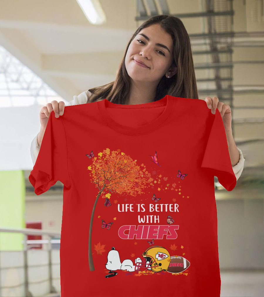 Life Is Better With Chiefs Fall Football Theme Snoopy And Butterflies T-Shirt