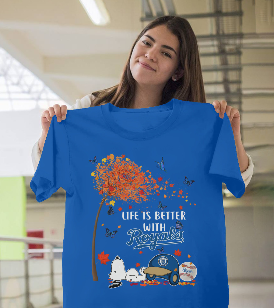 Life Is Better With Royals Baseball Helmet Autumn Leaves Snoopy And Butterfly T-Shirt