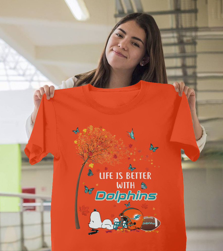 Life Is Better With Dolphins Miami Football Autumn Tree Snoopy Butterflies T-Shirt