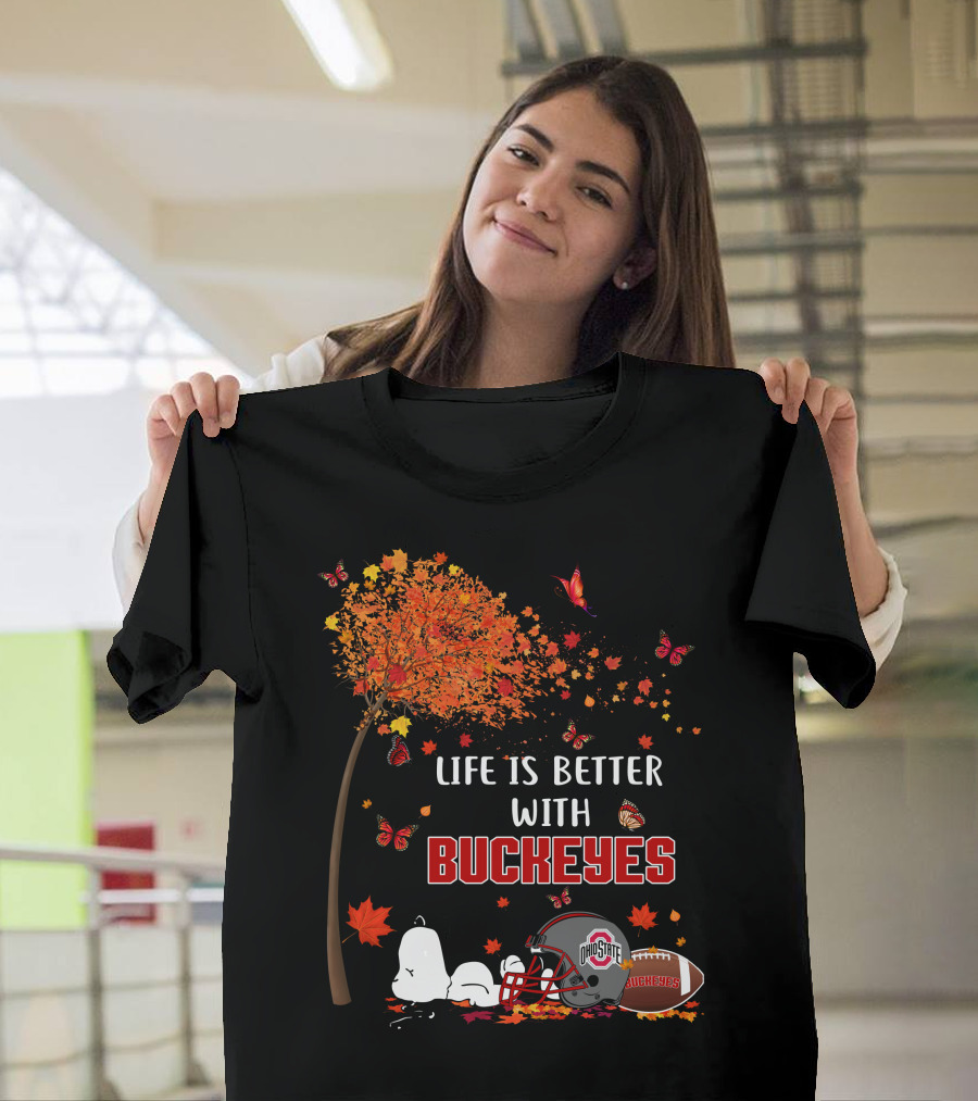 Life Is Better With Buckeyes Ohio State Football Autumn Leaves Butterflies T-Shirt