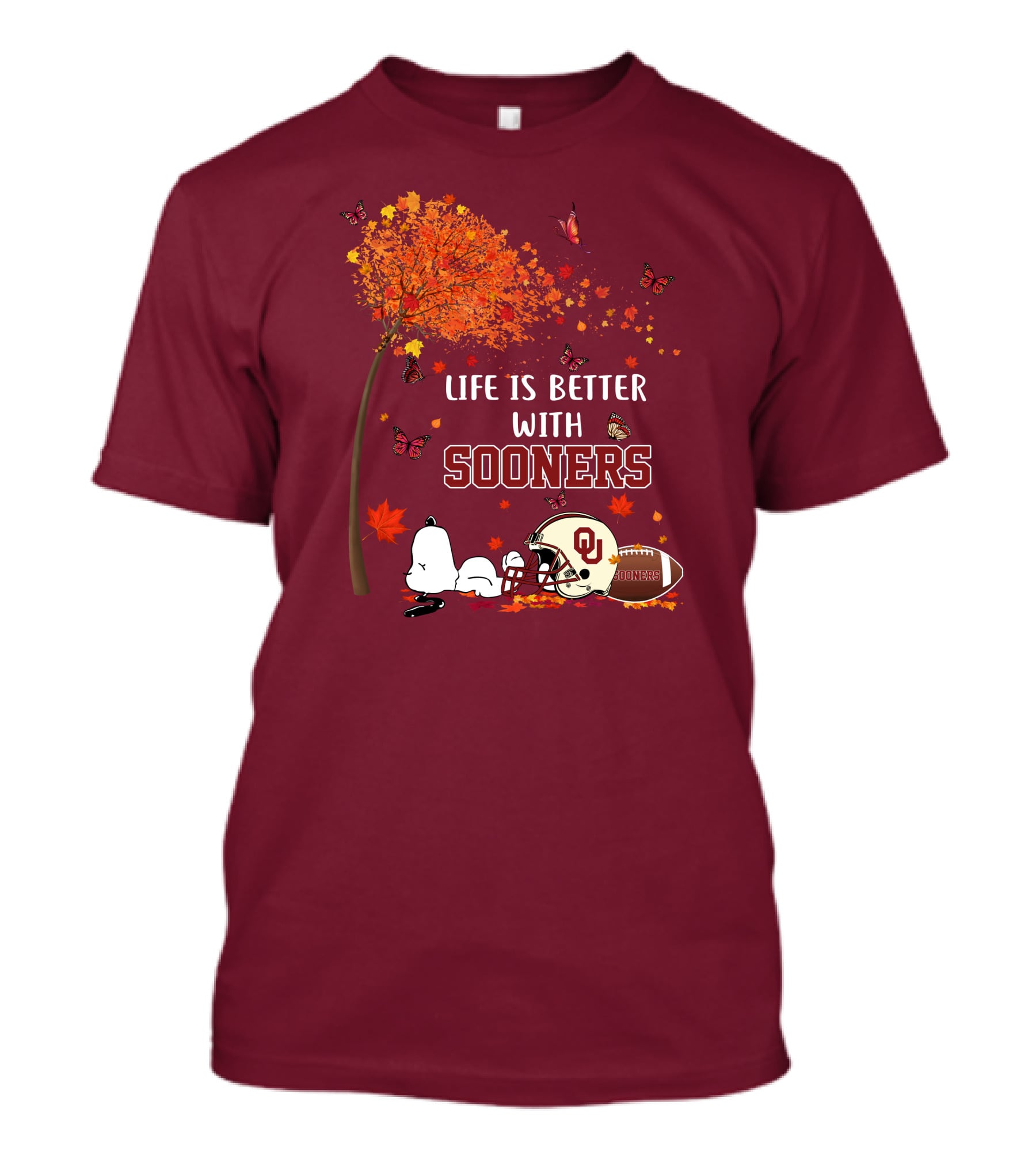 Life Is Better With Sooners Football Autumn Leaves And Butterflies T-Shirt