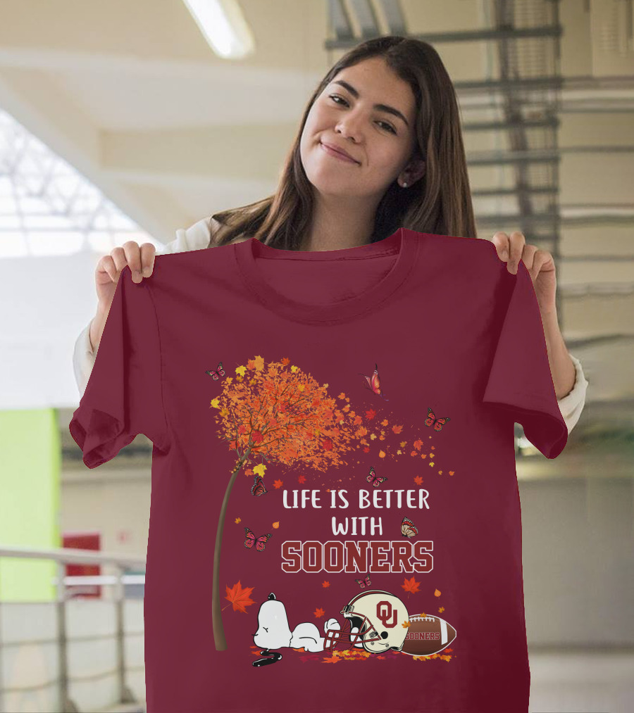 Life Is Better With Sooners Football Autumn Leaves And Butterflies T-Shirt