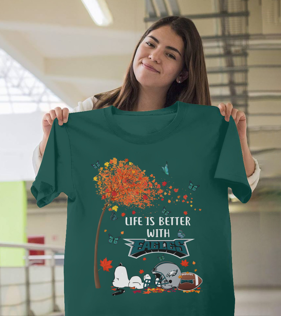 Life Is Better with Eagles Football Autumn Leaves and Butterflies T-Shirt