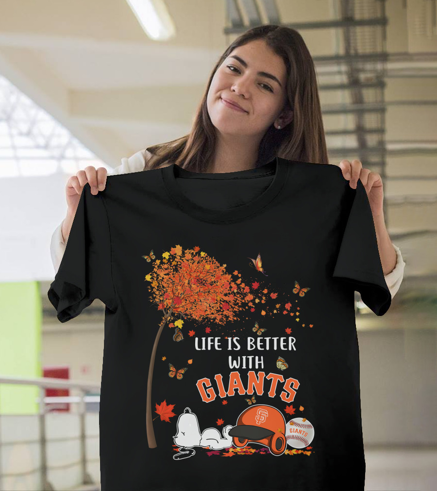 Life is Better with Giants Snoopy Fall Leaves Baseball Cap T-Shirt