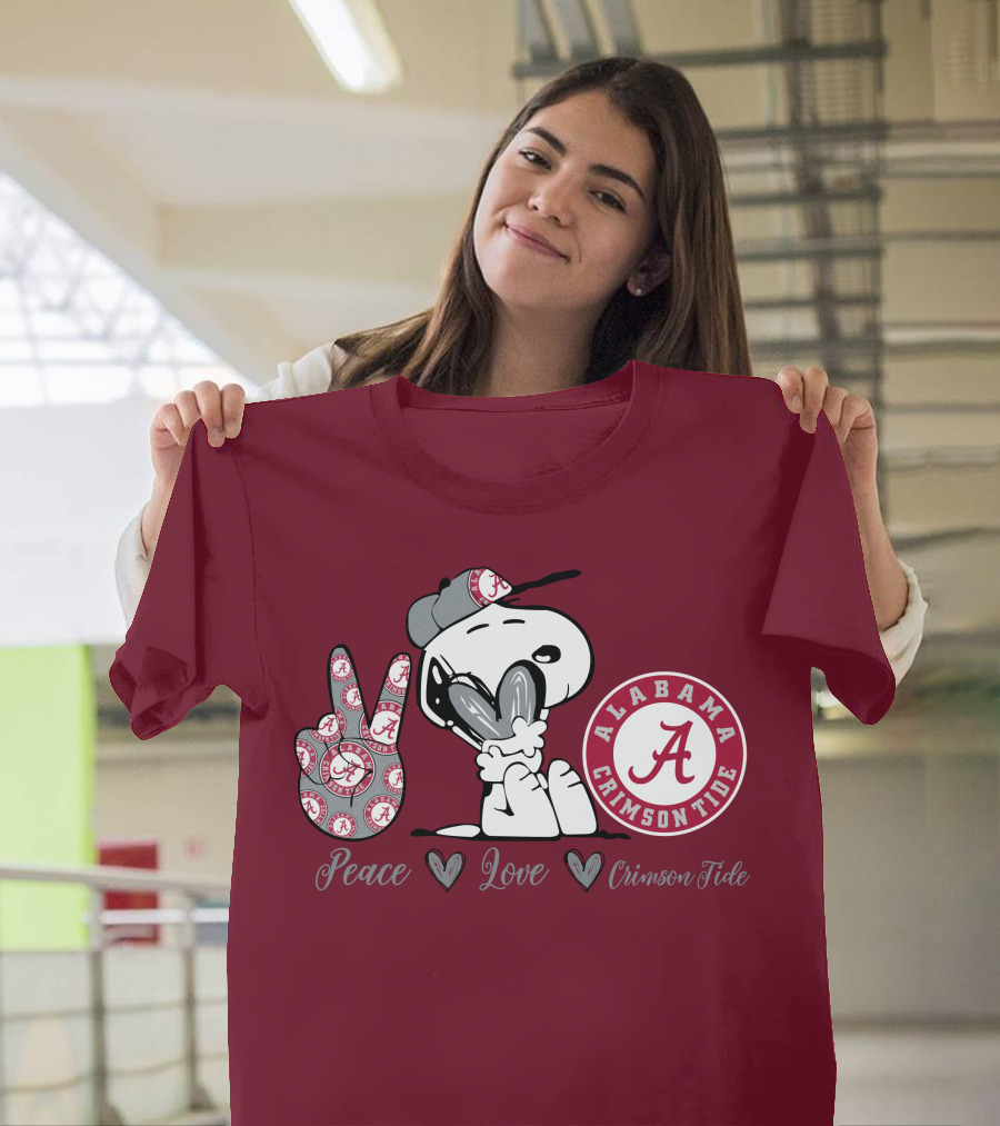 Peace Love Alabama Crimson Tide Snoopy Football Fan Gear T-Shirt