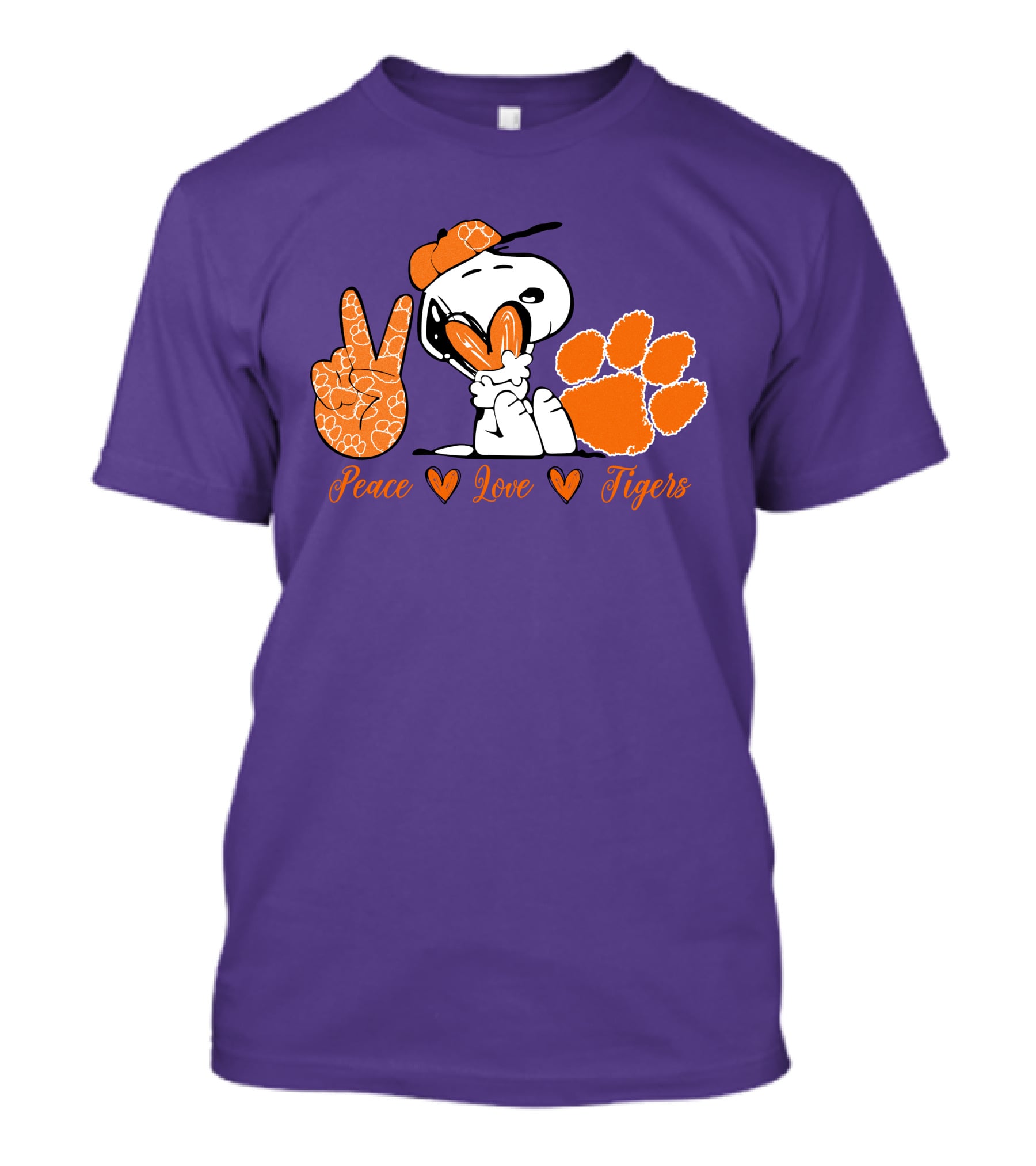 Peace Love Clemson Tigers Snoopy With Paw Print And Heart Icons T-Shirt