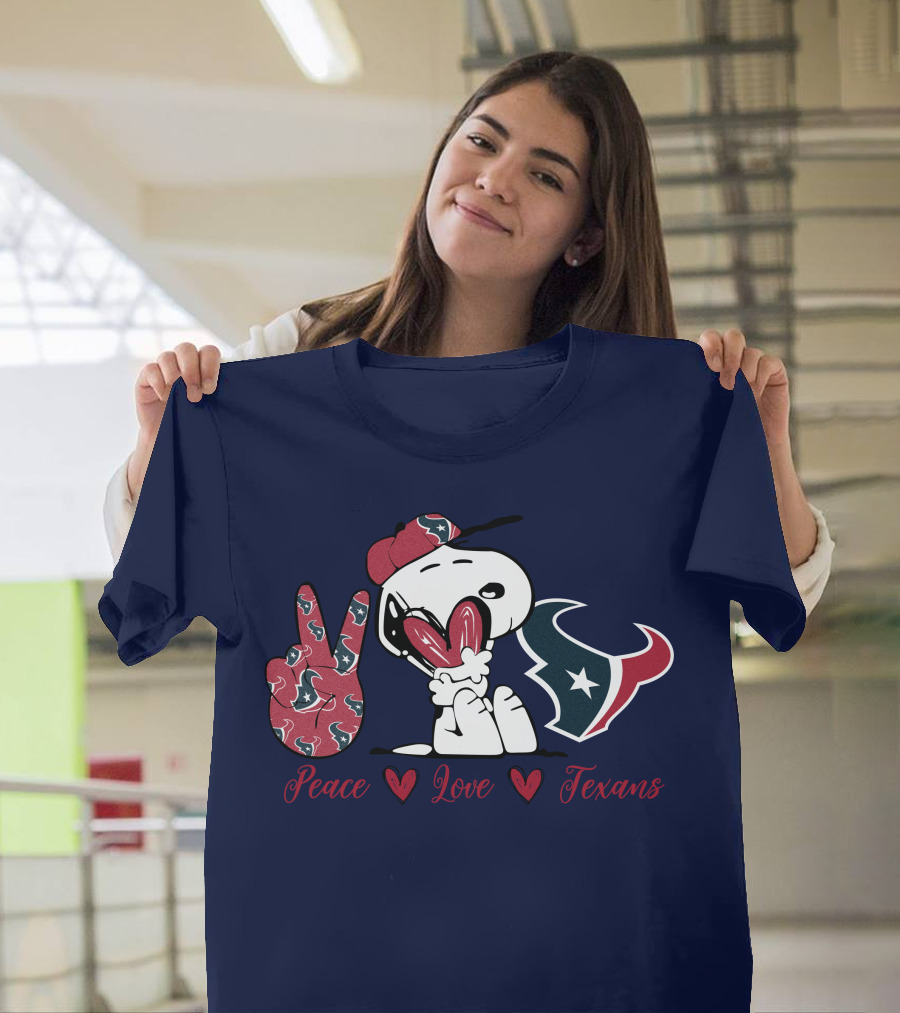 Snoopy Peace Love Houston Texans Football Fan T-Shirt
